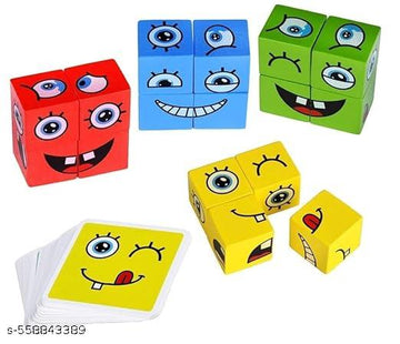 Crazy Face Puzzle, Wooden Expression Matching Block Game, Educational Training Toy with 16 Face Blocks and 72 Cards for Kids 3+