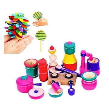 Eco Friendly Wooden Rural Kitchen Toy Set For Kids, Multi-Colour, Pack Of 17, Wooden Choppu Saman- Multi Color