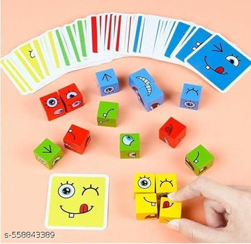 Crazy Face Puzzle, Wooden Expression Matching Block Game, Educational Training Toy with 16 Face Blocks and 72 Cards for Kids 3+